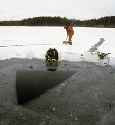 En stor cirkel med ekrar som pekar in mot mitten skänker både ljus och navigationshjälp åt isdykarna. ingen ko på isen